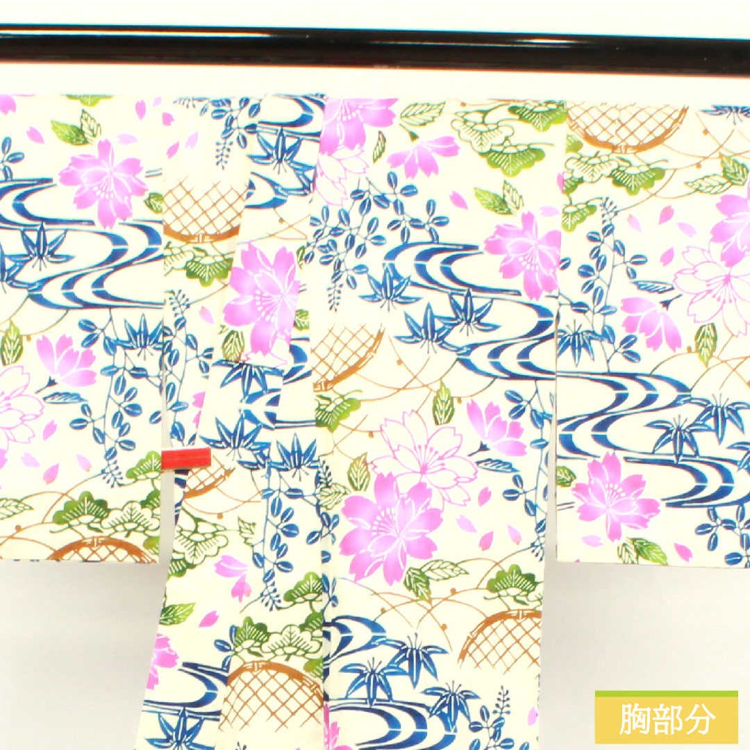 浴衣 綿麻 身丈159cm 裄丈66cm Sランク 単衣 白系 乳白色（にゅうはくしょく） 源氏物語 型染 桜 1118004782311