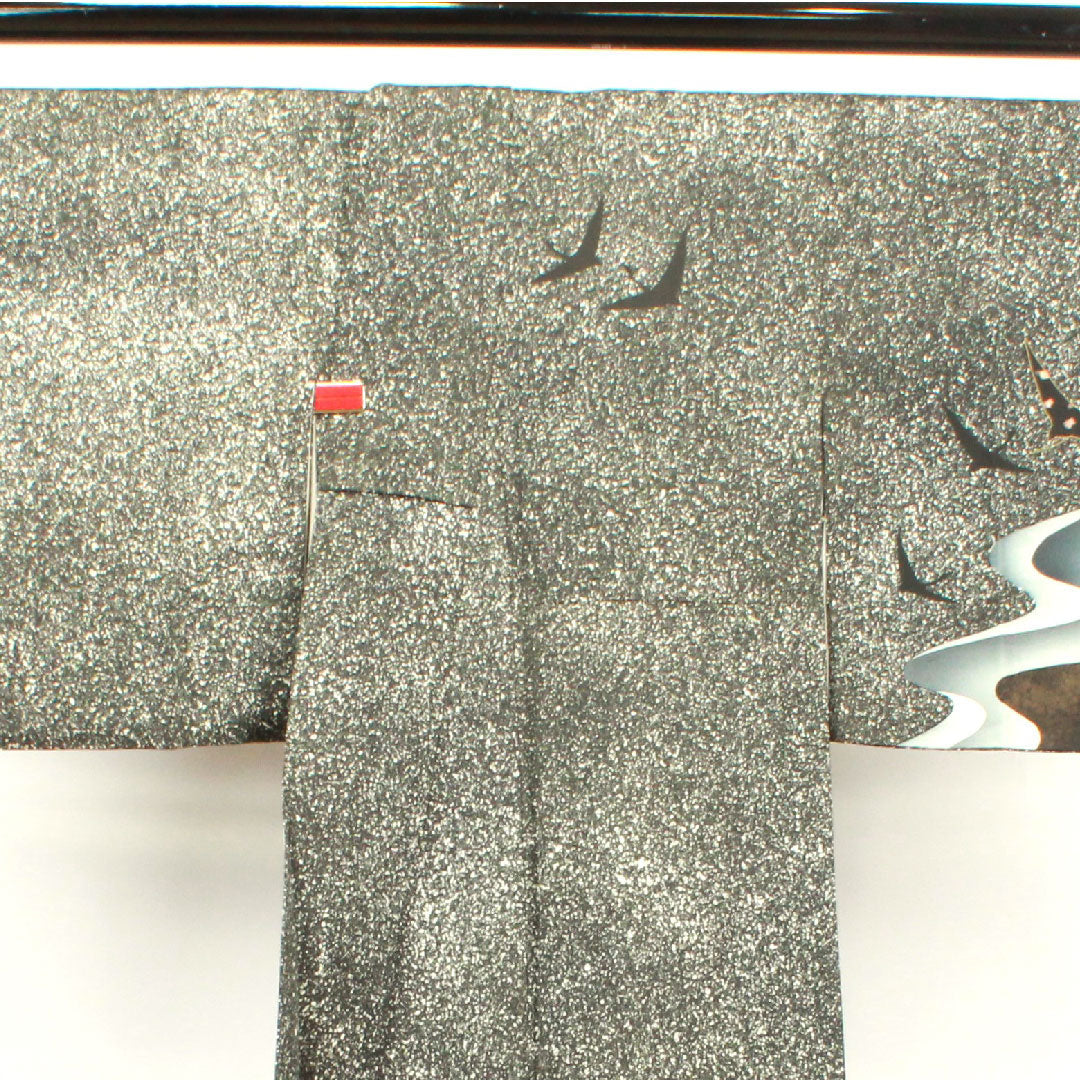 訪問着 袷 身丈165cm 裄丈65cm タタキ染 鶴 五三桐 正絹 Sランク 黒系 1112002592510