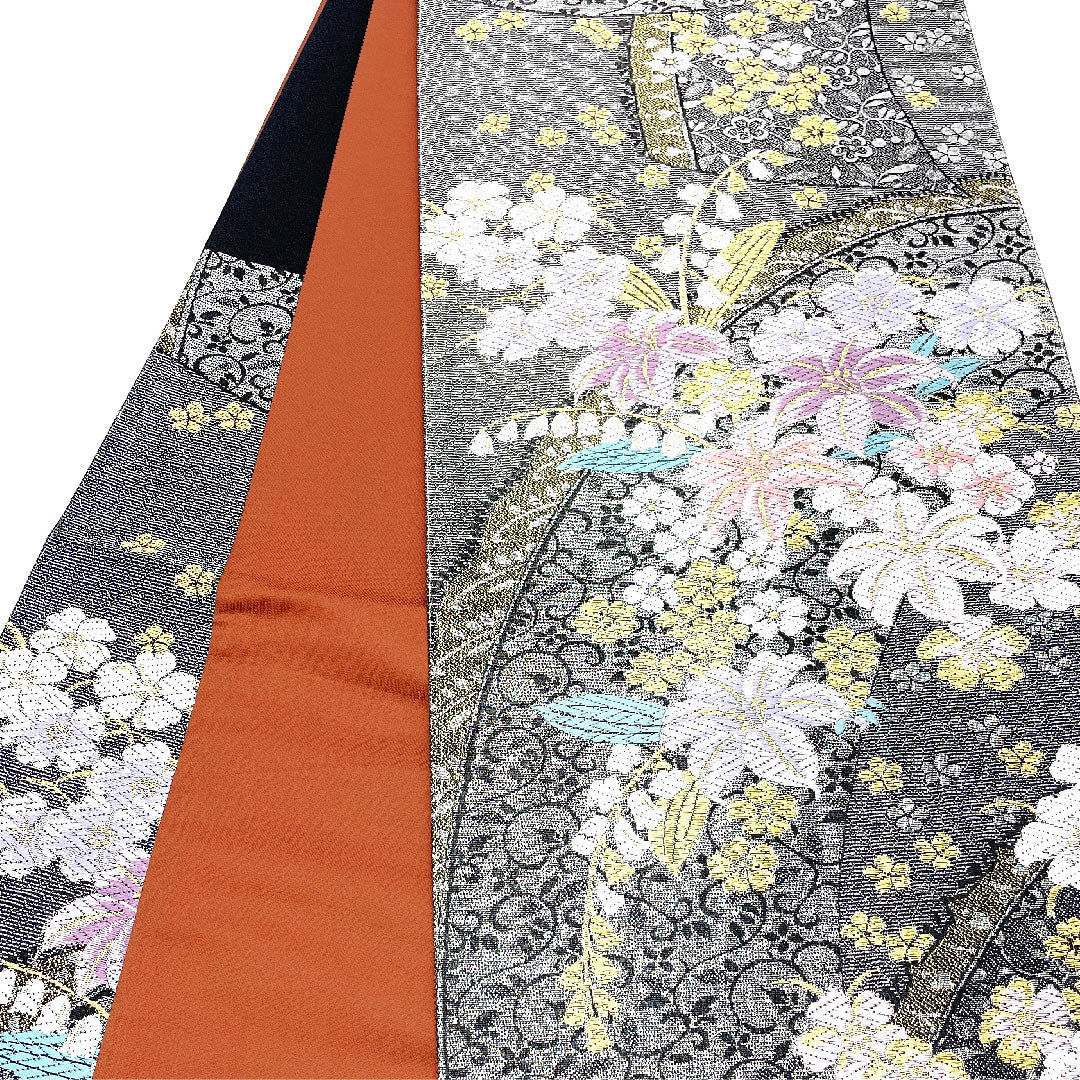 （未仕立）袋帯 花柄 振袖用 桜 帯丈455cm 正絹 NEWランク 六通 セミフォーマル 黒系 1123002501410