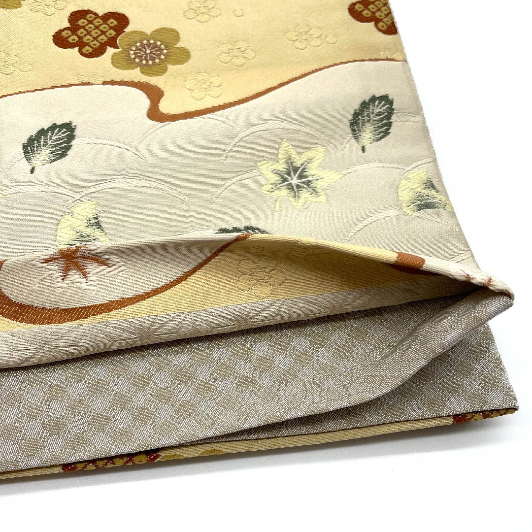 名古屋帯 京袋帯 生成り色 横段 芝草 桜 梅 紅葉 帯丈378cm ポリ Aランク 六通 セミフォーマル クリーム系 1124003483315  開き仕立て