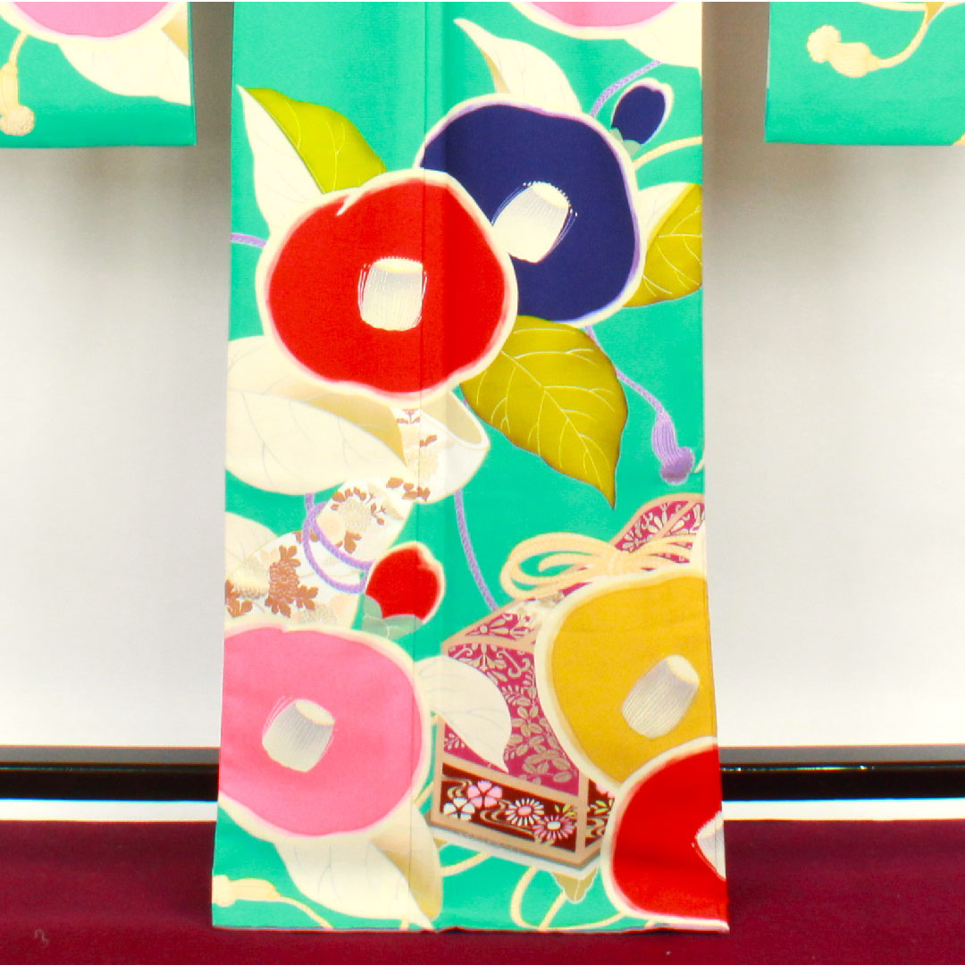 Long-sleeved kimono, length 176cm, sleeve length 70cm, lined, floral greenish blue, washable kimono, camellia, poly, S rank, blue, 1113001402817