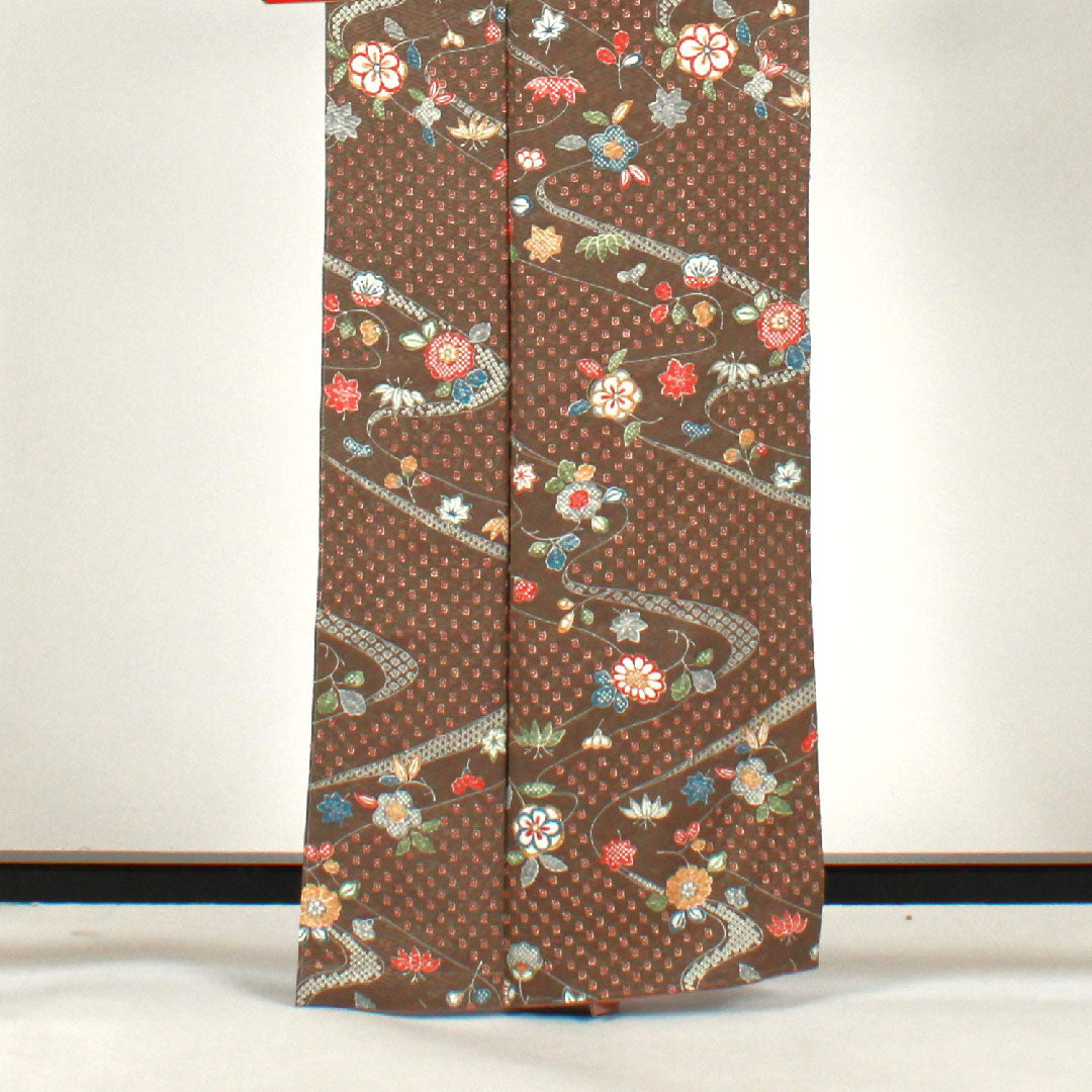 小紋 身丈164cm 裄丈65cm 袷  絞り 流水 花模様  正絹 Sランク 茶系 1115001382414