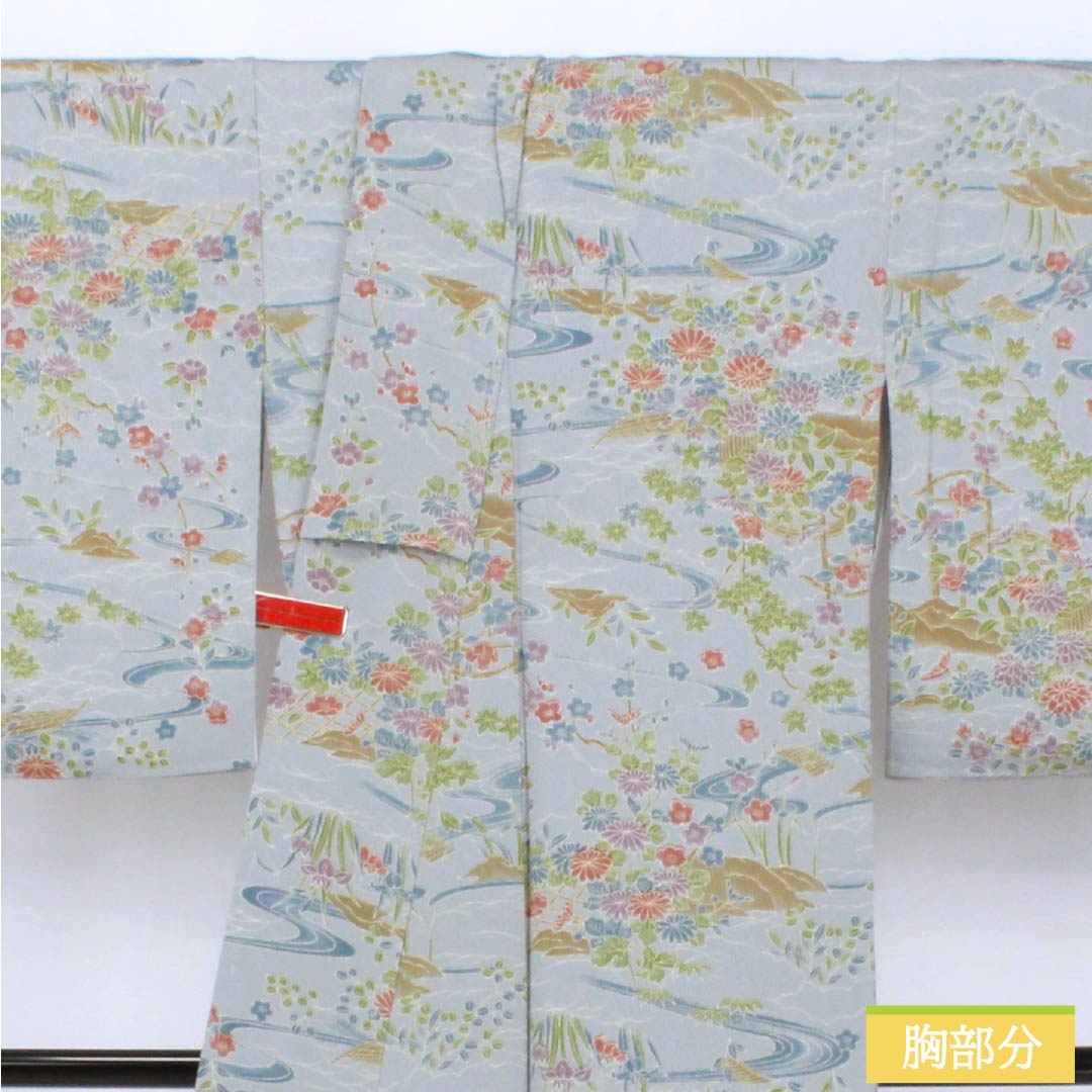 小紋 ポリエステル Sランク 身丈166cm 裄丈66cm 袷 青袋鼠色（せいたいねずいろ） 流水 花 洗える着物  水色系 1115007392524