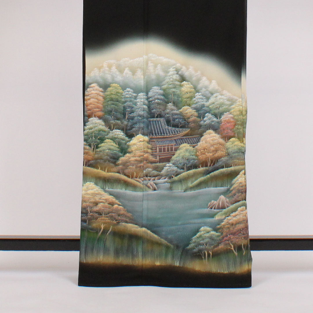 黒留袖 身丈167cm 裄丈68cm 袷 風景画 作家物 正絹 Aランク 五つ紋 黒系 1111000083510