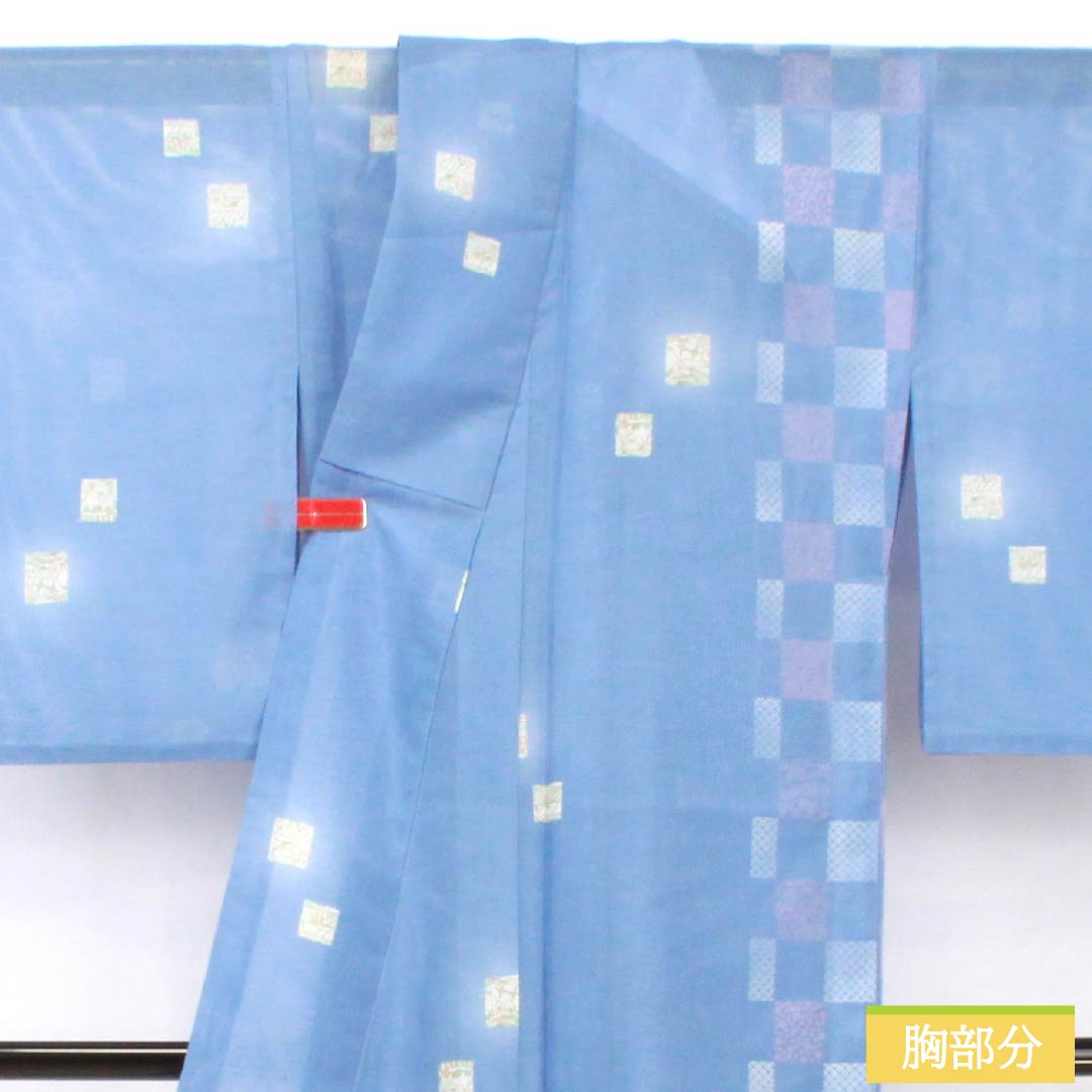 夏物 ポリエステル 小紋 身丈165cm 裄丈67.5cm 紺藤色（こんふじいろ） 市松模様 洗える着物 絽 Aランク 青系 1132002183517
