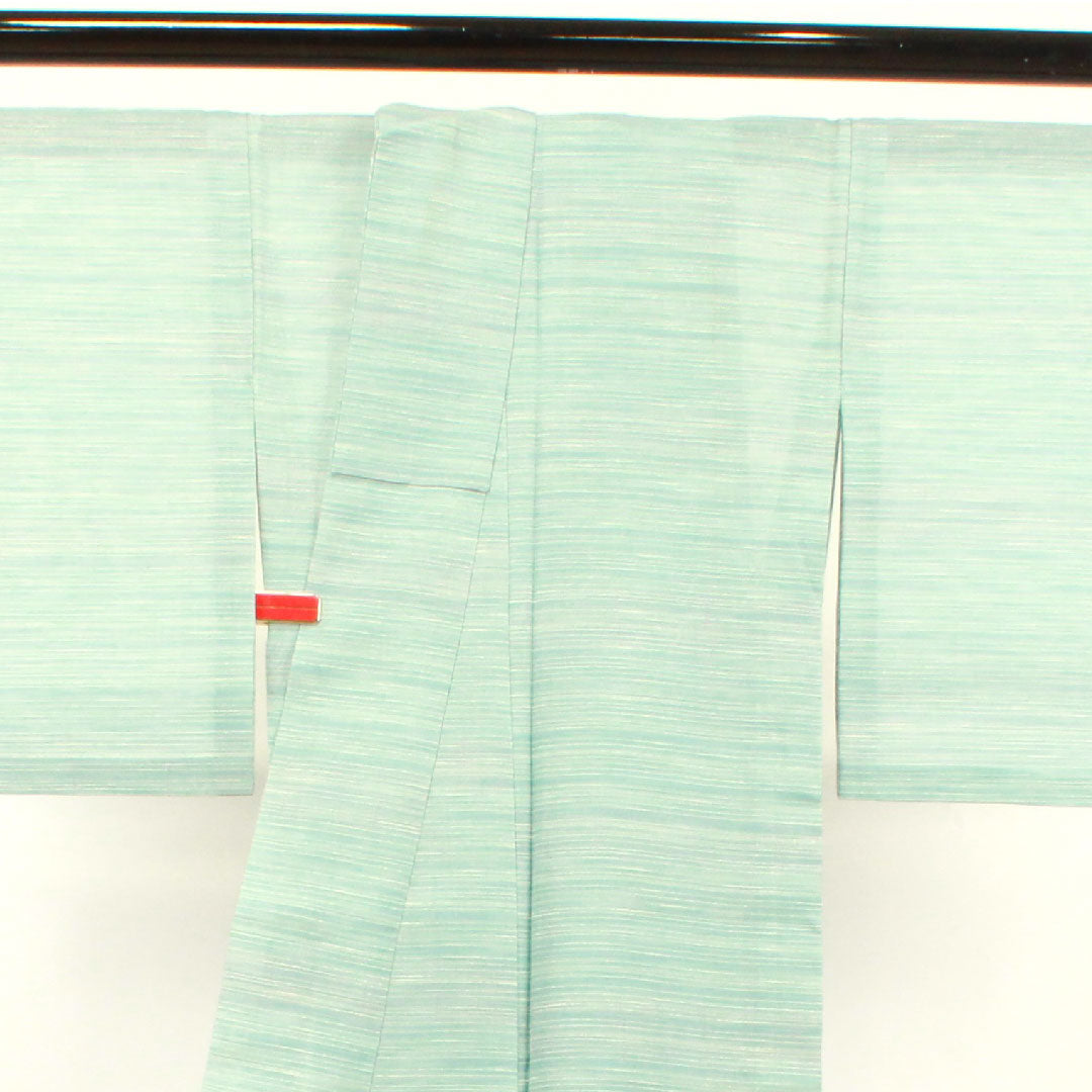 夏物 正絹 紬 身丈163cm 裄丈63cm 薄水色（うすみずいろ） 横縞 紗 Aランク 水色系 1132001023424