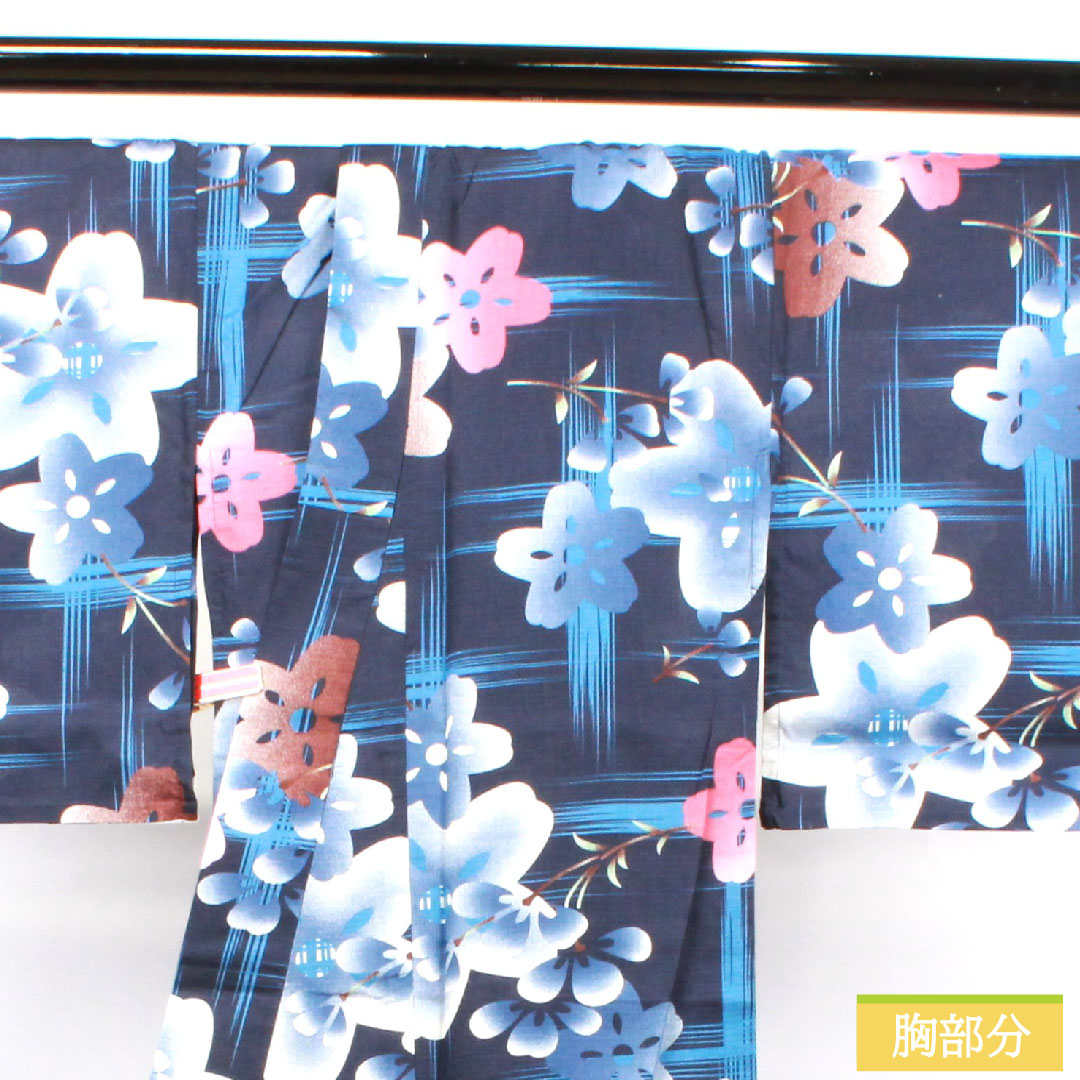 Yukata Cotton Length 163.5cm Sleeve length 65.5cm S rank Single layer Navy Deep navy (noukon-iro) Cherry blossom 1118004852418