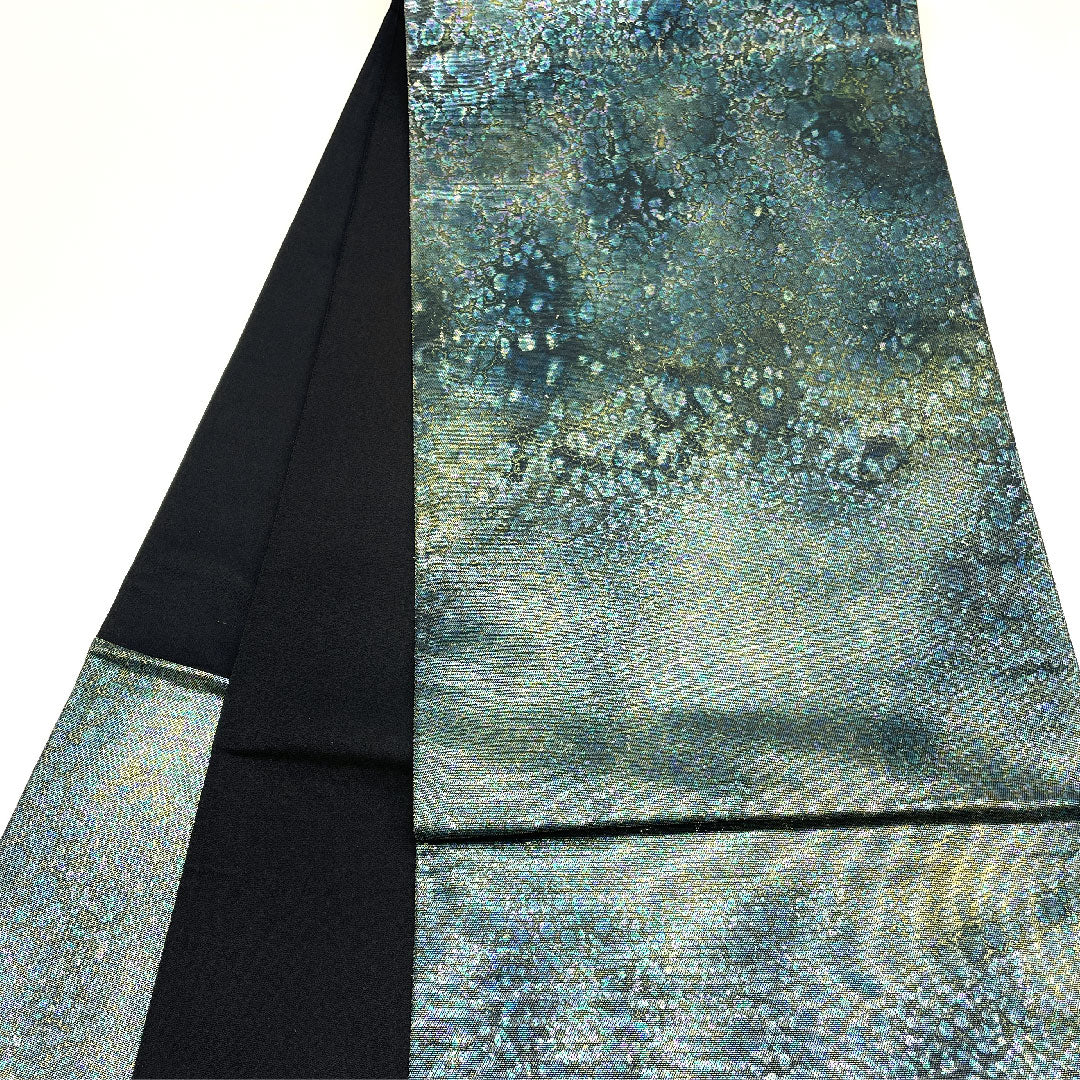 袋帯 曜変天目箔 引箔 抽象模様 帯丈422cm 正絹 Aランク 六通 セミフォーマル 青系 1123004483317