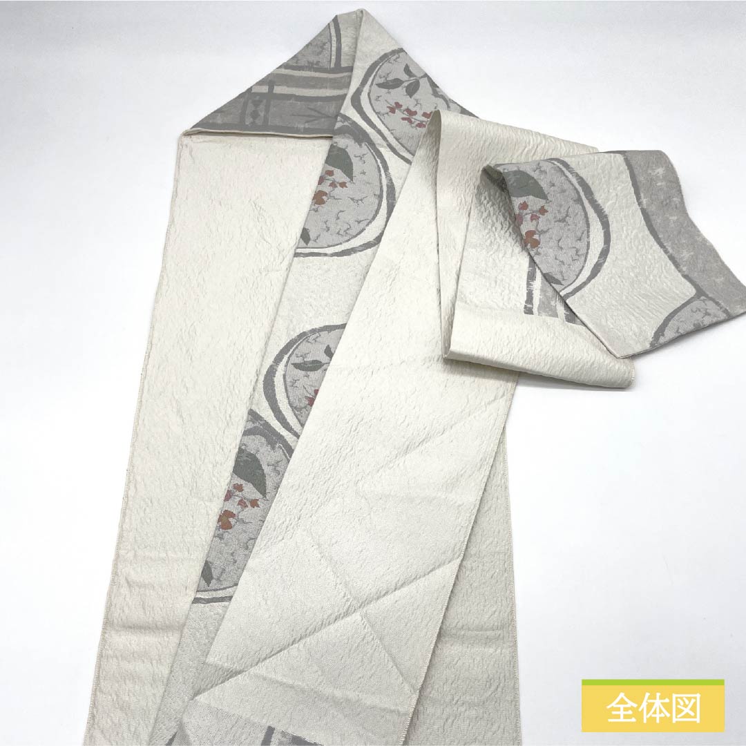Nagoya obi, pearl color (shinjuiro), puffed weave, floral pattern, obi length 356cm, pure silk, S rank, six-pass, casual, silver, 1124007692322, Nagoya style
