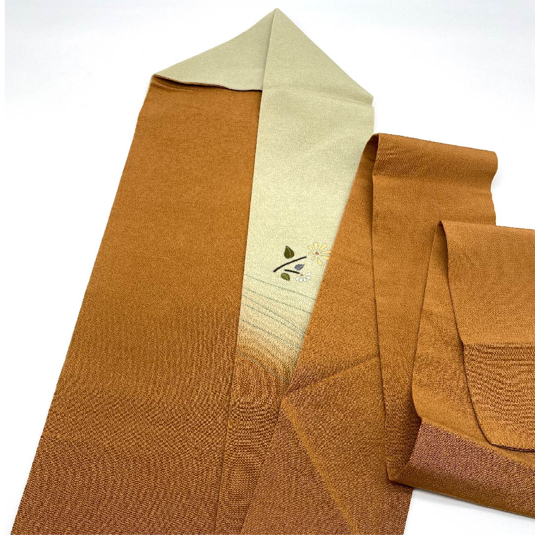 名古屋帯 赤白橡色 亜麻色 花模様 壁糸 帯丈368cm 正絹 Aランク ポイント柄 カジュアル 茶系 1124003723314  名古屋仕立て