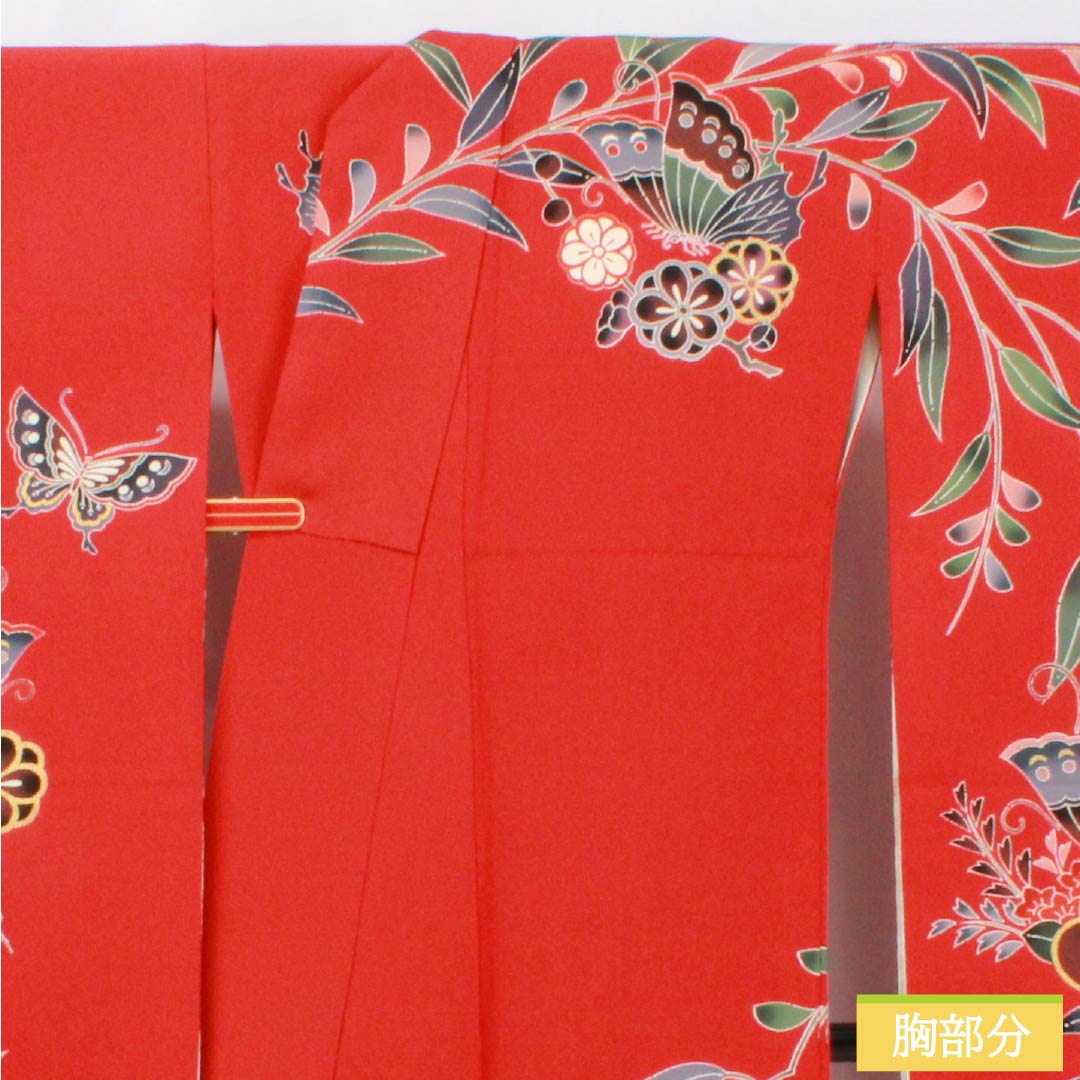 振袖 正絹 Sランク 身丈167cm 裄丈66cm 袷 赤色（あかいろ） 京紅型 吉祥文様 蝶 橘 赤系 1113002322512