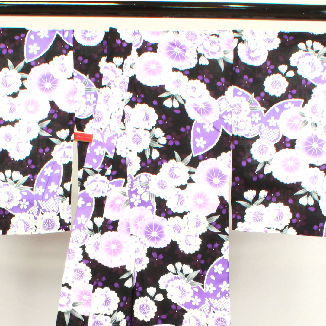 浴衣 蝶 桜 木綿 Sランク 単衣 身丈167cm 裄丈65cm 黒系 1118003712510