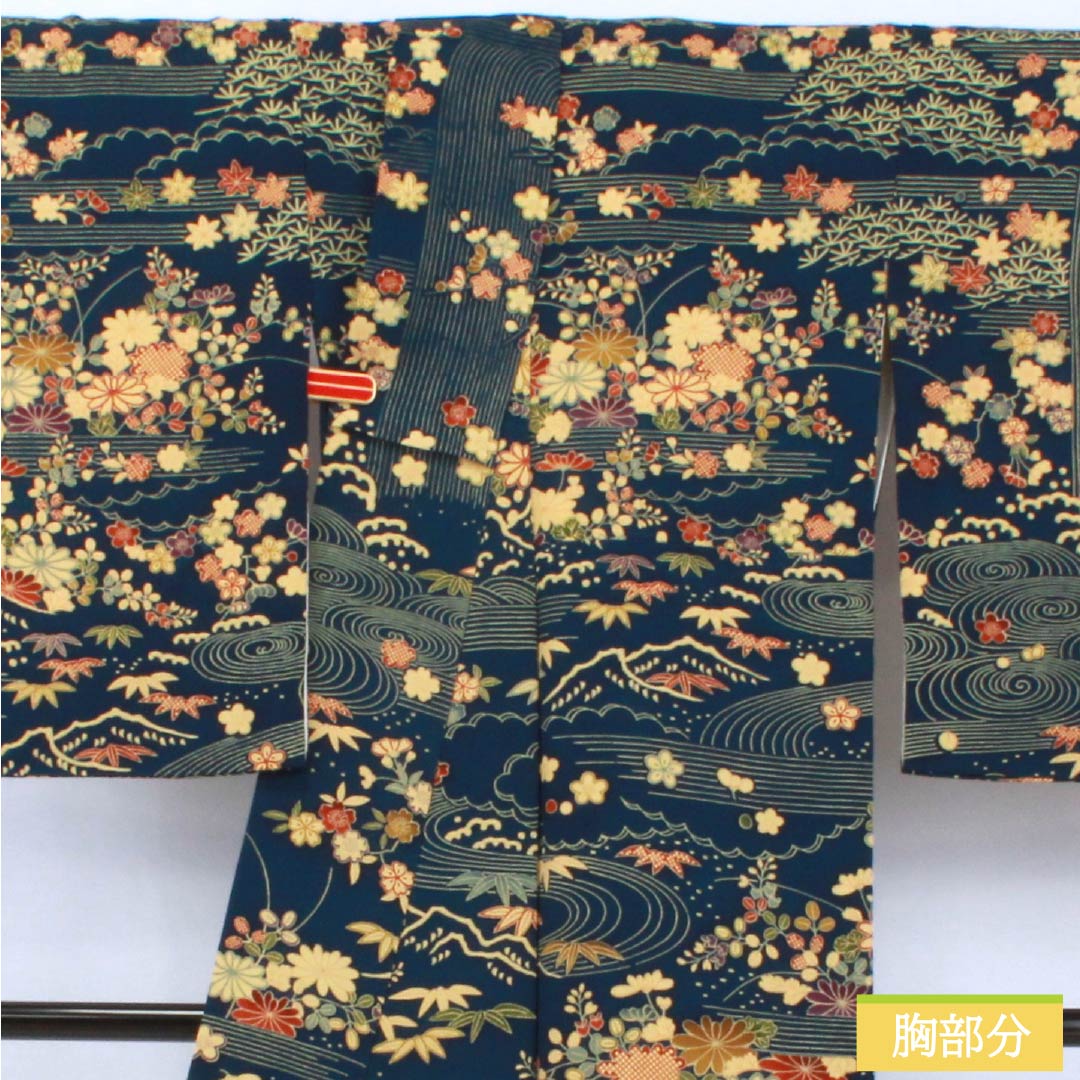 訪問着 正絹 Aランク 袷 身丈160cm 裄丈64.5cm 紺色（こんいろ） 型染 流水 小花 紺系 1112006913418