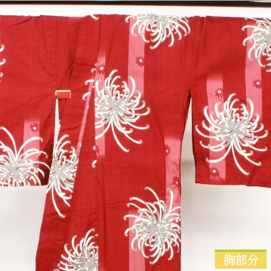 Yukata Cotton Length 163.5cm Sleeve length 69.5cm S rank Single layer Red Crimson Chrysanthemum 1118005132412