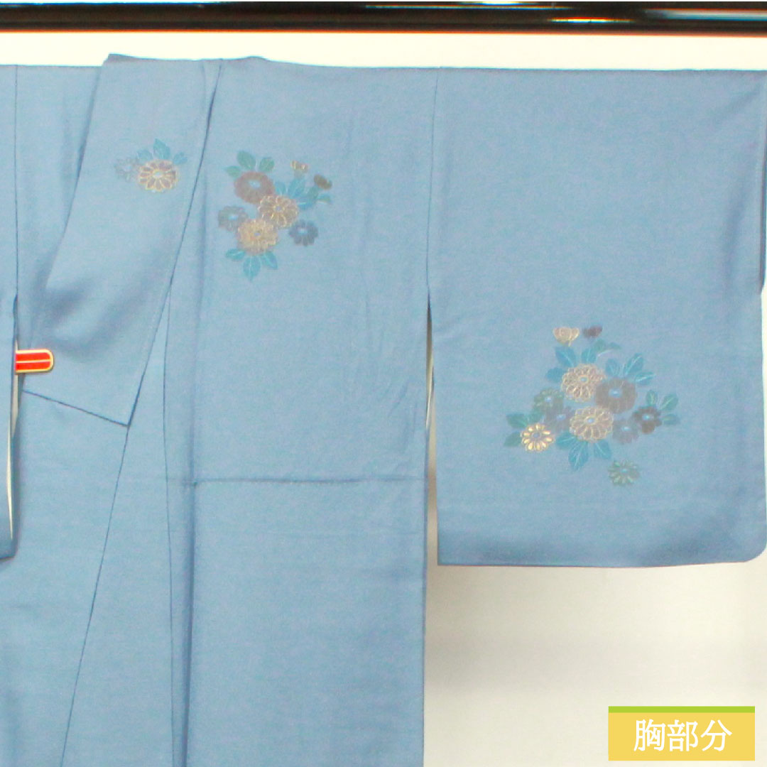訪問着 正絹 袷 身丈158cm 裄丈63cm 薄花色（うすはないろ） 刺繍 草花模様 Aランク 青系 1112004693317