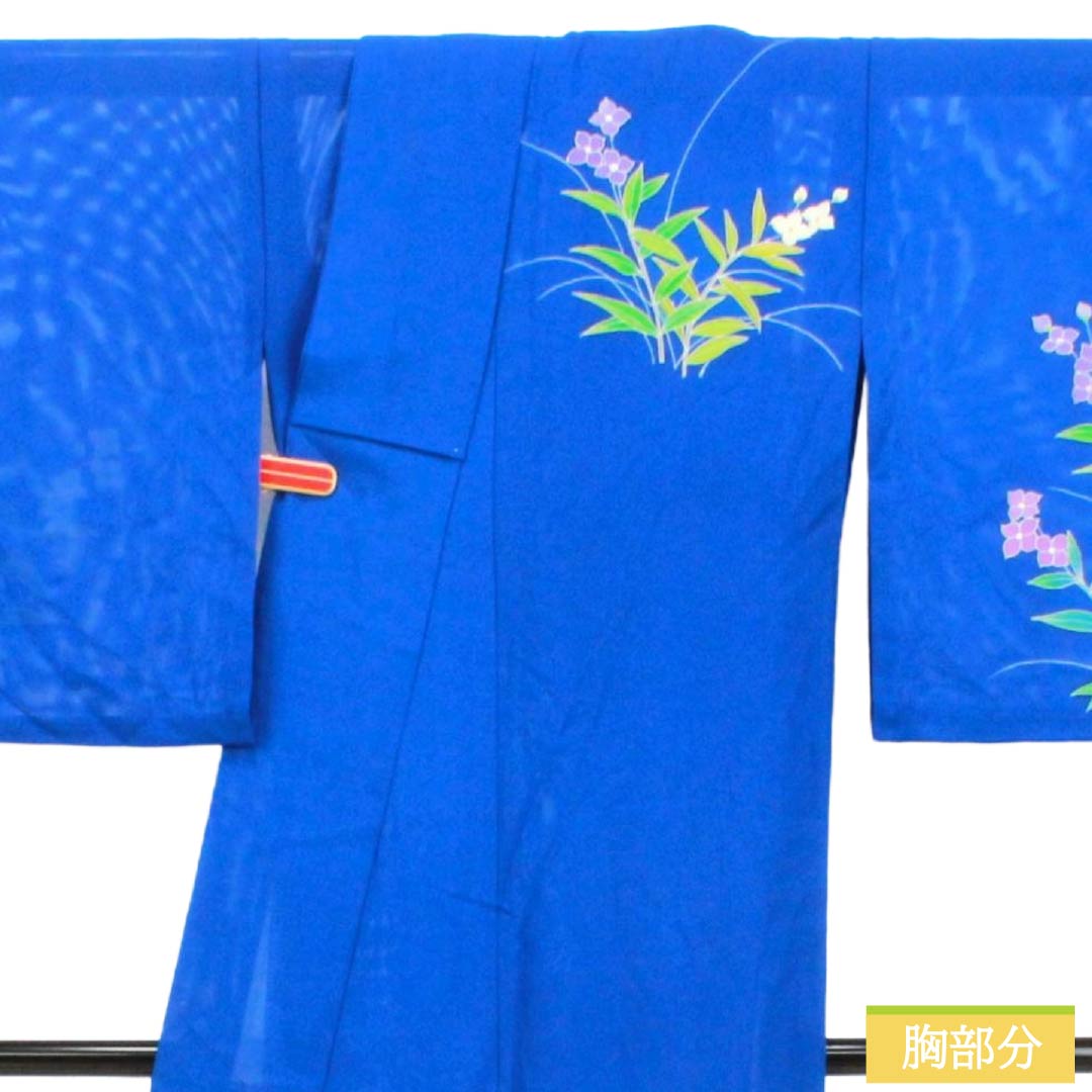 夏物 正絹 訪問着 Aランク 身丈157.5cm 裄丈64cm 瑠璃色（るりいろ） 付下げ 草花模様 京友禅 絽 青系 1132003753317
