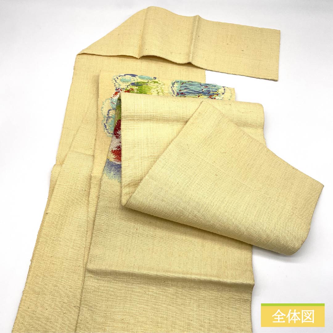 名古屋帯 魚子黄色（ぎょしこういろ） 紬地 花模様 帯丈359cm 正絹 Sランク ポイント柄 カジュアル 黄系 1124008182323 松葉仕立て
