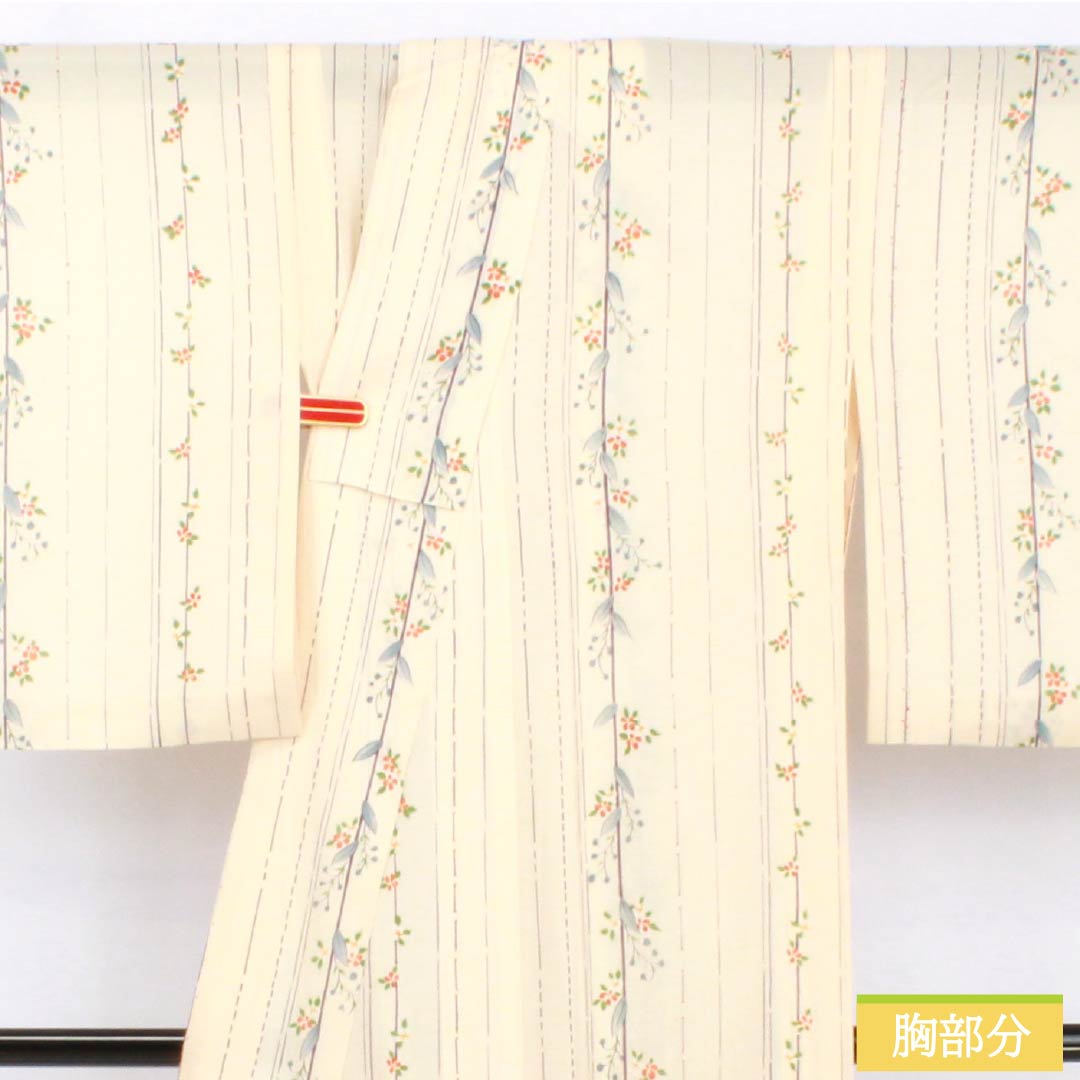 夏物 正絹 小紋 身丈153cm 裄丈62cm 生成り色（きなりいろ） 京友禅 縞 小花 絽 Aランク クリーム系 1132002053215