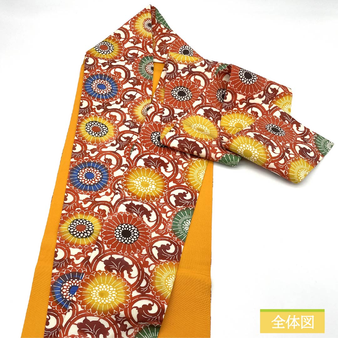 名古屋帯 生成り色（きなりいろ） 型染 菊唐草 帯丈358cm 正絹 Sランク 六通 カジュアル 白系 1124007782311 名古屋仕立て