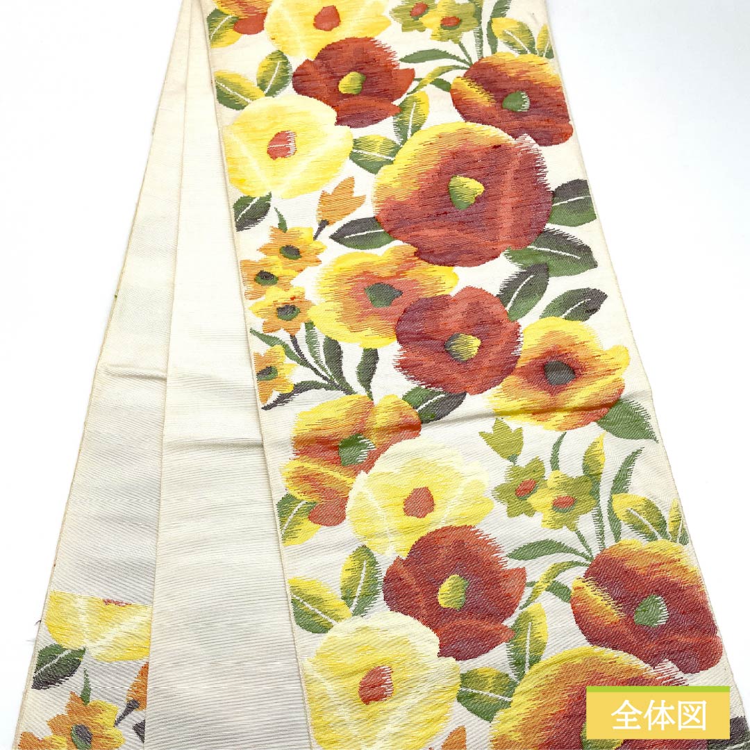名古屋帯 正絹 Sランク 草花模様 帯丈350cm 六通 カジュアル 白系 1124010702311 開き仕立て