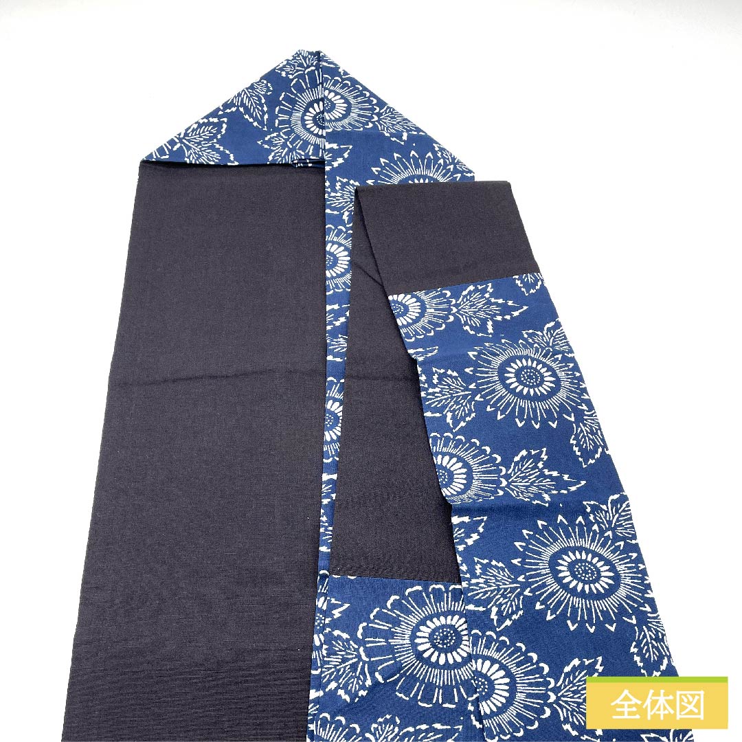 名古屋帯 正絹 紺藍色（こんあいいろ） 型染 花柄 帯丈349cm Sランク 六通 カジュアル 紺系 1124006272318 名古屋仕立て