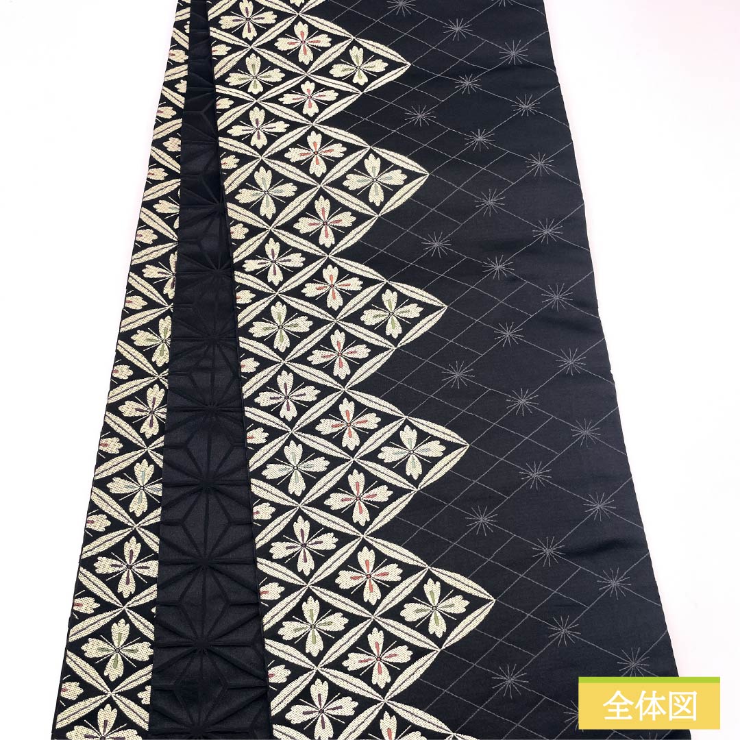 (Kyoto Fukuro Obi) Nagoya Obi, Polyester, S-Rank, Reversible, Hanabishi Pattern, Length 384cm, Full Length, Semi-Formal, Black, 1124011012410, Open-Ended