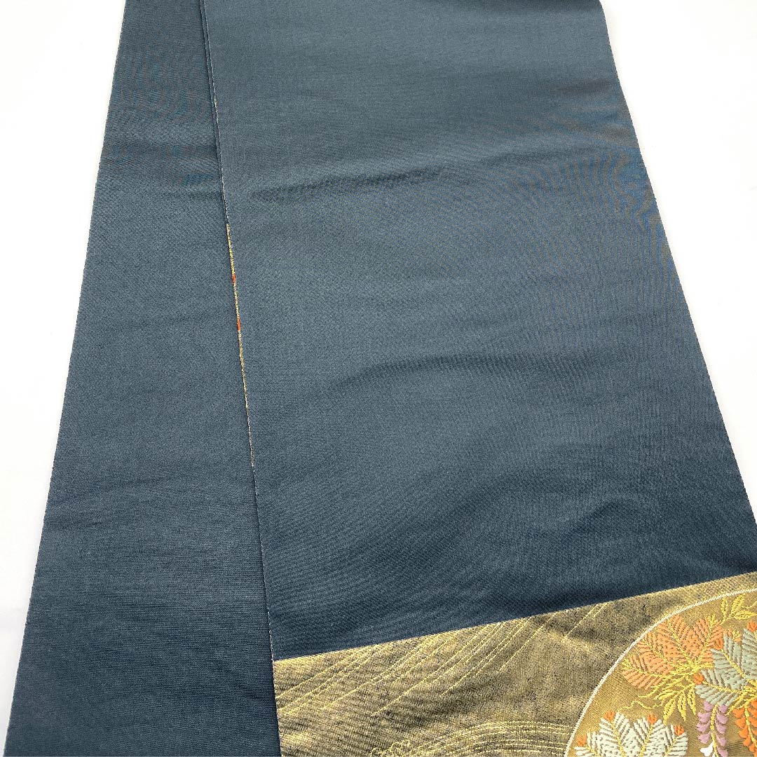 （未仕立）袋帯 金色 扇面 花模様 帯丈443cm 正絹 Sランク 六通 フォーマル 金系 1123005932321