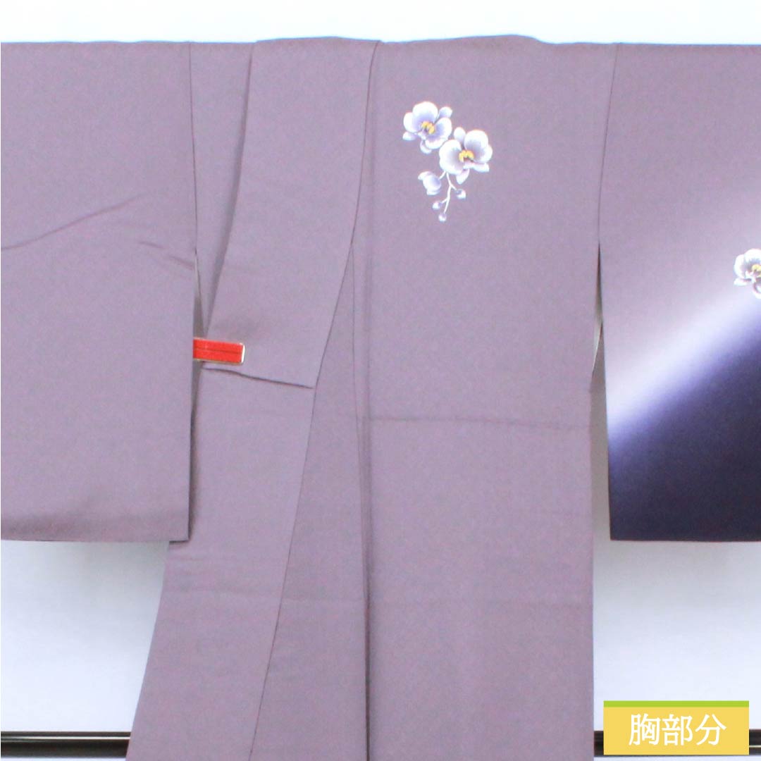 Visiting Kimono, Pure Silk, S-Rank, Lined, Length 161cm, Sleeve Length 63cm, Hatobairo (Dove Feather Color), Tsukesage, Gold-Leafed Flowers, Hajikku Guard, Purple, Product Number: 1112006762420
