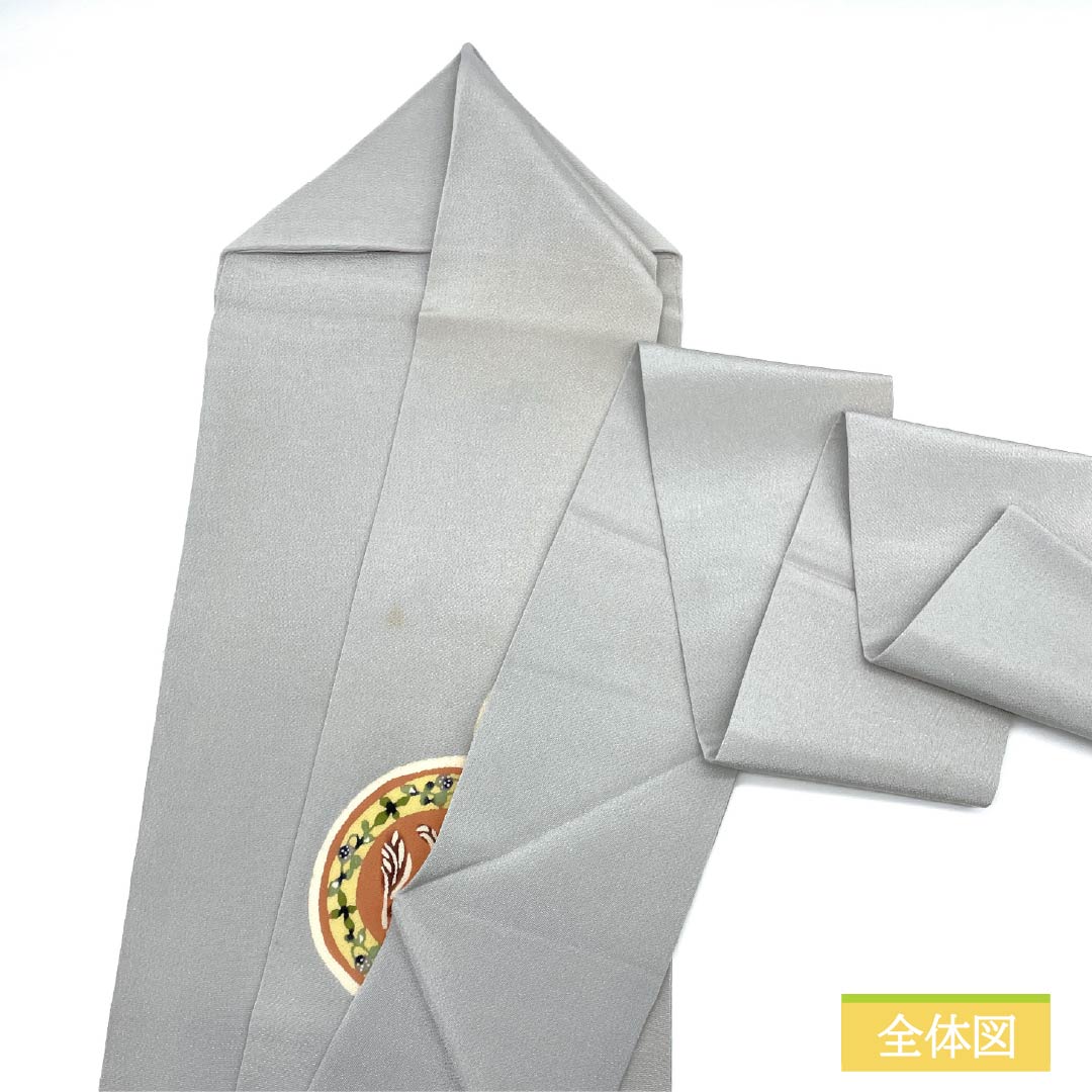 名古屋帯 薄鼠色（うすねずいろ） ちりめん地 丸に花模様 染め帯 帯丈358cm 正絹 Aランク ポイント柄 セミフォーマル グレー系 1124007163322 名古屋仕立て