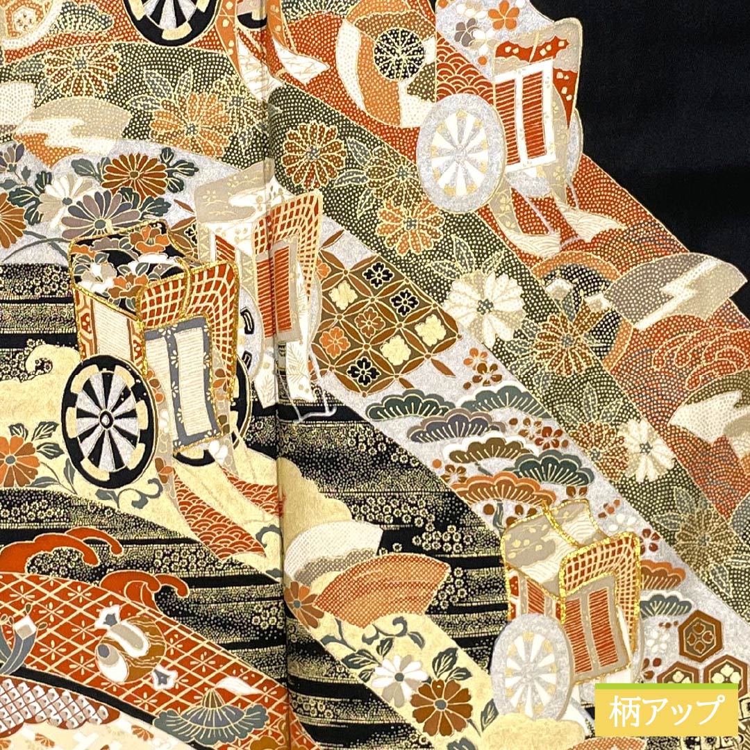 黒留袖 正絹 Sランク 身丈155cm 裄丈64cm 袷 京友禅 御所車 吉祥文様 五つ紋 丸に九枚笹 比翼付き 五つ紋 黒系 1111002322310