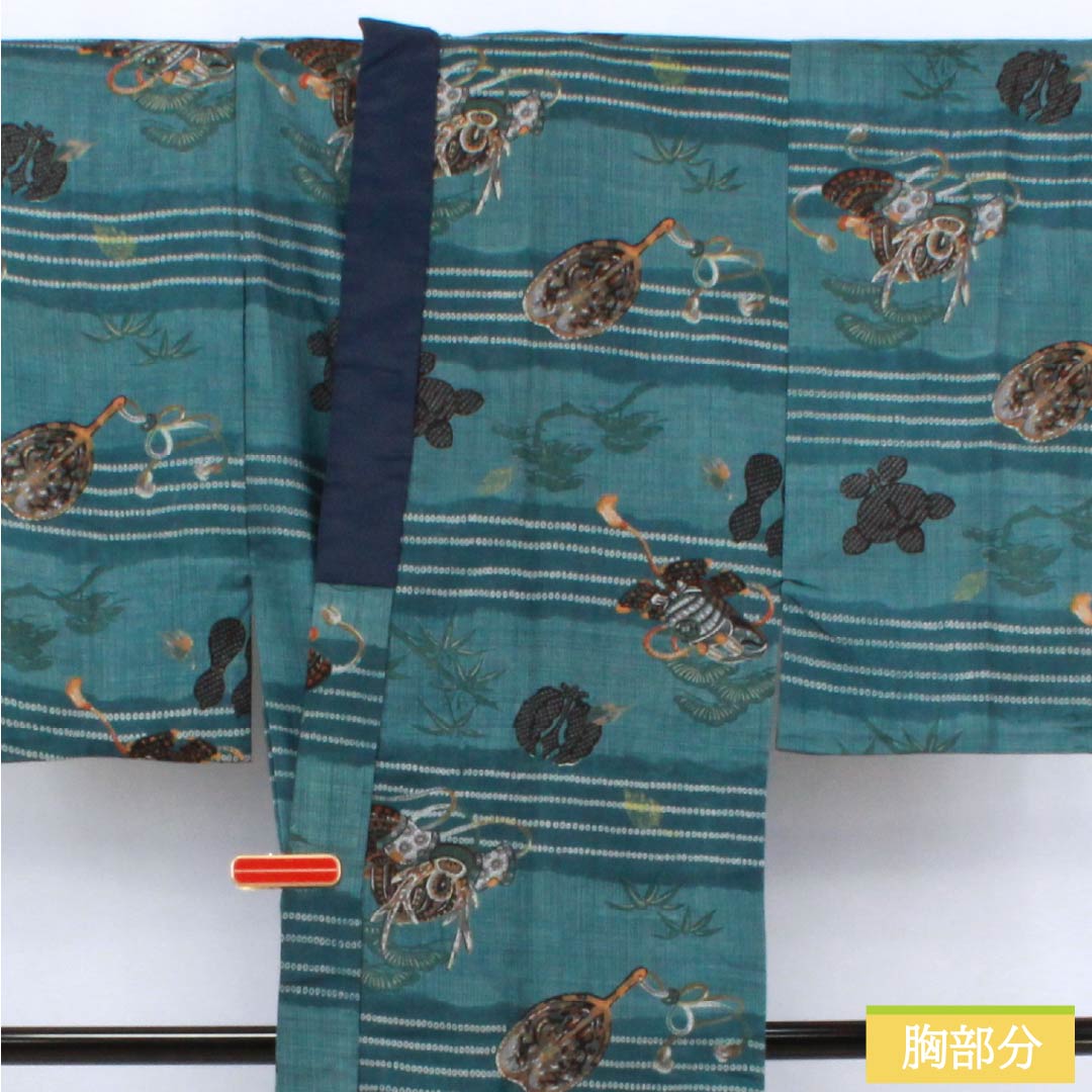 Men's wool nagajuban (long under-kimono), S-rank, length 138cm, sleeve length 65.5cm, indigo brown (aito-chairo) color, with a helmet, pine, and bamboo motifs, single-layer, blue-based design, product number 1140000742317