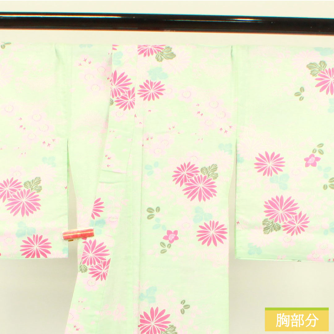 浴衣 木綿 身丈168.5cm 裄丈64cm Sランク 単衣 緑系 白緑色（びゃくろくいろ） 菊 桜 萩 1118004682519