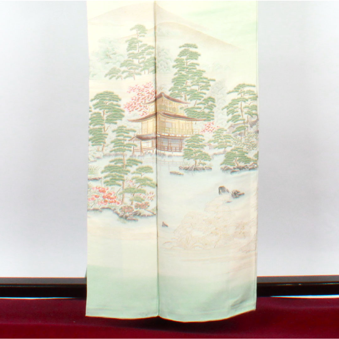 色留袖 身丈161.5cm 裄丈63cm 袷 錆青磁色 寿光織 風景模様 抱き茗荷 正絹 Bランク 三つ紋 緑系 1111000454419