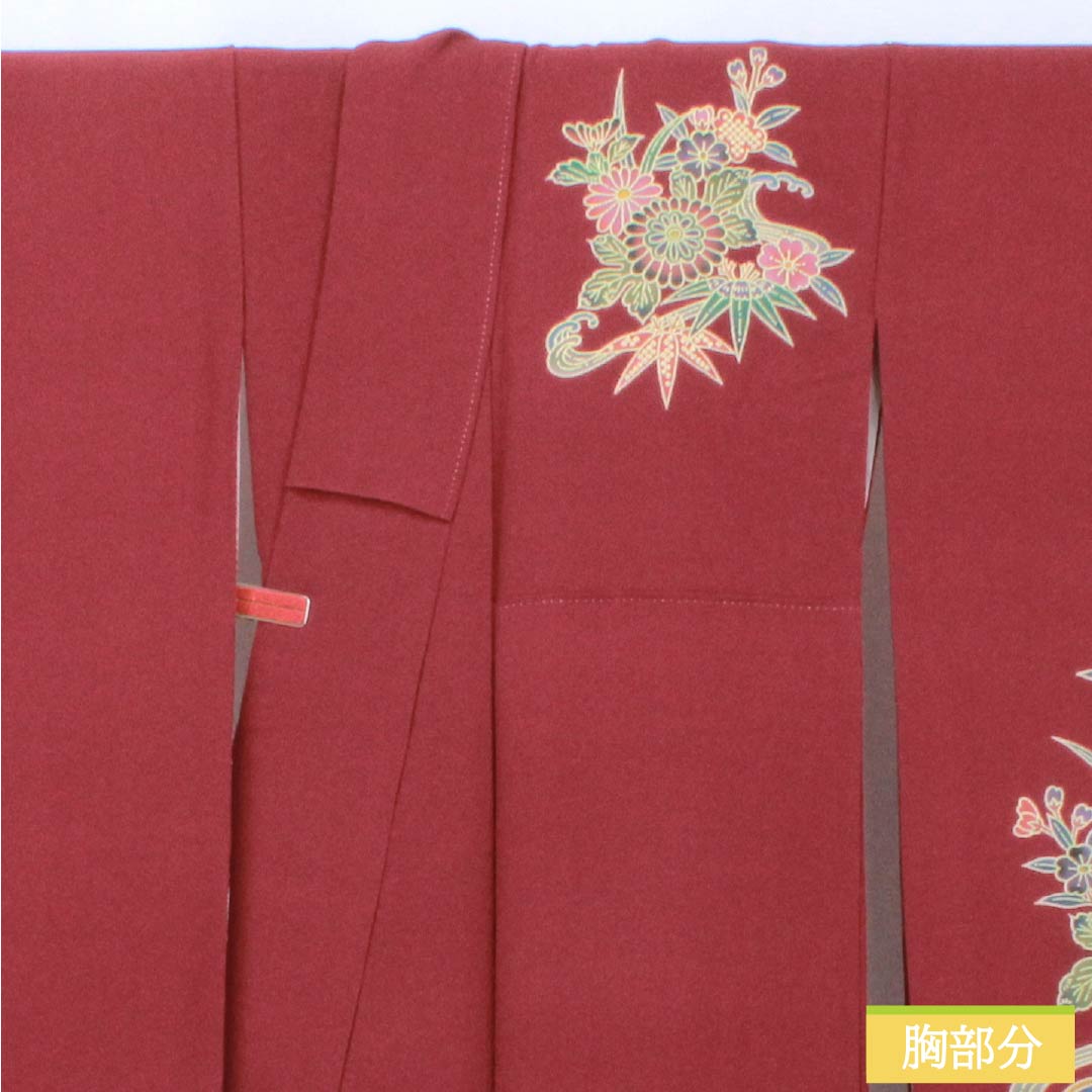 振袖 正絹 Sランク 身丈164cm 裄丈67cm 袷 臙脂色（えんじいろ） 京紅型 吉祥文様 ちりめん地 パールトーン加工 赤系 1113002492412