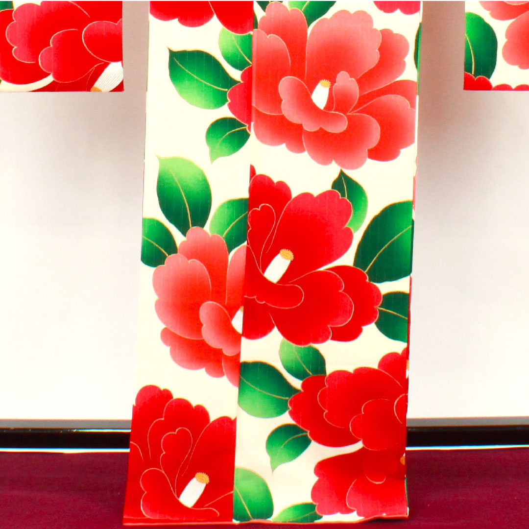 振袖 身丈170.5cm 裄丈67.5cm 袷  象牙色 洗える着物 椿  ポリ Sランク クリーム系 1113001272615