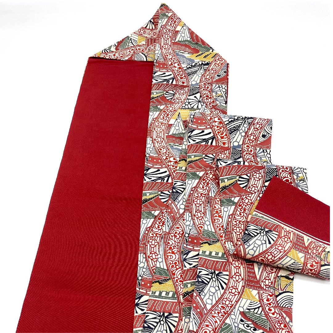 名古屋帯 茜色 型染 京紅型 抽象模様 帯丈350cm 正絹 Sランク 全通 カジュアル 赤系 1124003552312  名古屋仕立て