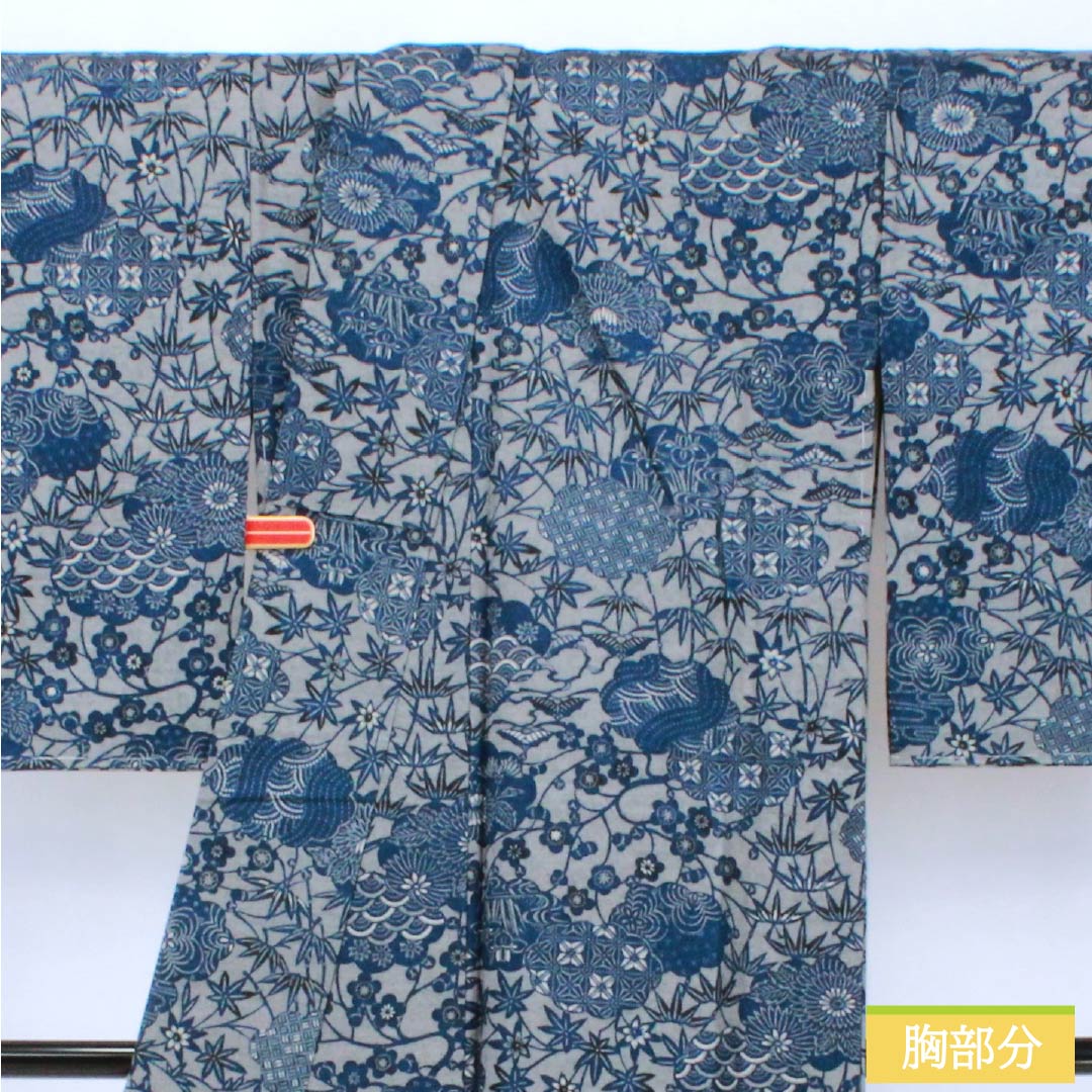 小紋 正絹 Sランク 身丈166cm 裄丈67cm 袷 京紅型 藍型 紬地 草花 グレー系 1115007212522