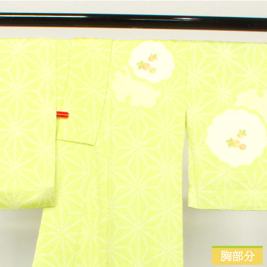 Homongi, pure silk, lined, length 162.5cm, sleeve length 62cm, young bud color, embroidery, tie-dye, hemp leaf, A rank, green, 1112003433419