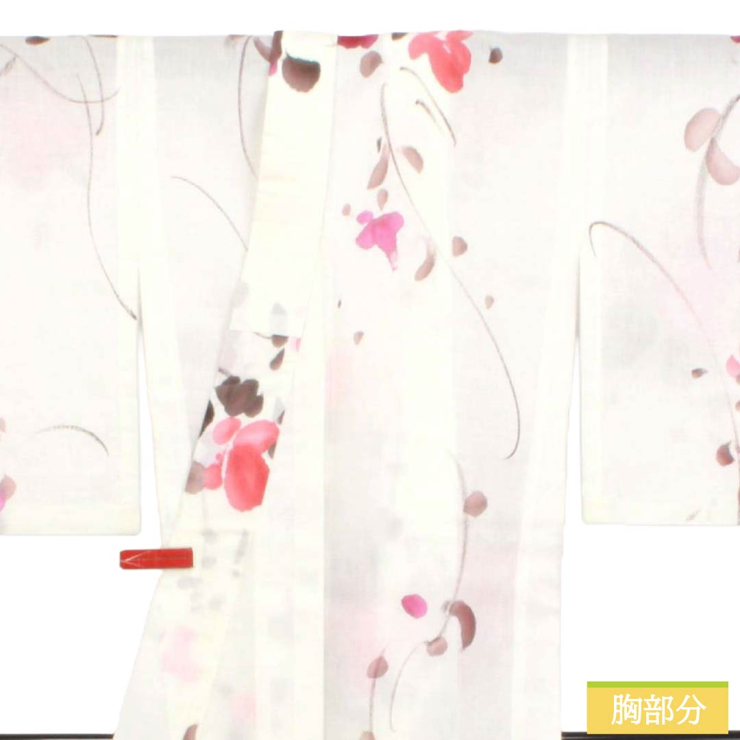 夏物 ポリエステル 小紋 Aランク 身丈158.5cm 裄丈66cm 洗える着物 濡れ描き 草花模様 紗 白系 1132006303311