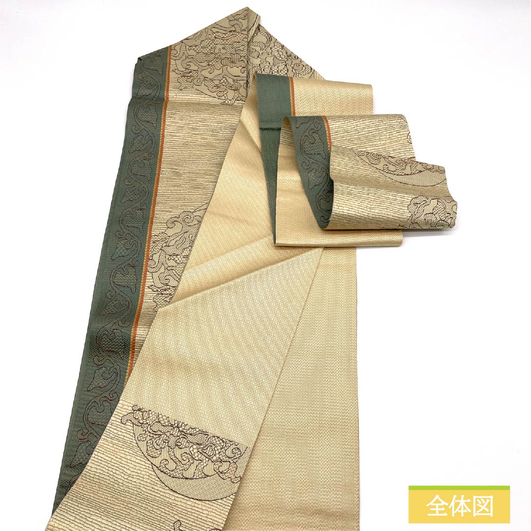 Nagoya obi, Tokyo white-brown, abstract floral pattern, obi length 350cm, pure silk, S rank, six-pass, casual, beige, 1124008012325, Nagoya-made