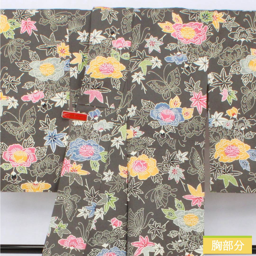 小紋 正絹 Sランク 身丈154cm 裄丈64cm 袷 薄黒色（うすぐろいろ） 京紅型 半衿付き 蝶 花 グレー系 1115007742222