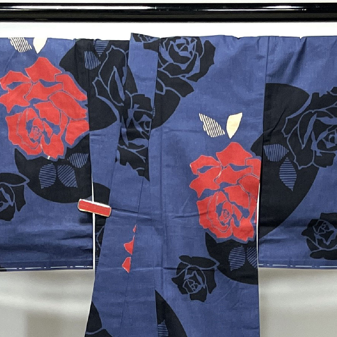 浴衣 しつけ糸付き 未使用品 瞑色 薔薇 木綿 Sランク 単衣 身丈161cm 裄丈65cm 紫系 1118002332420