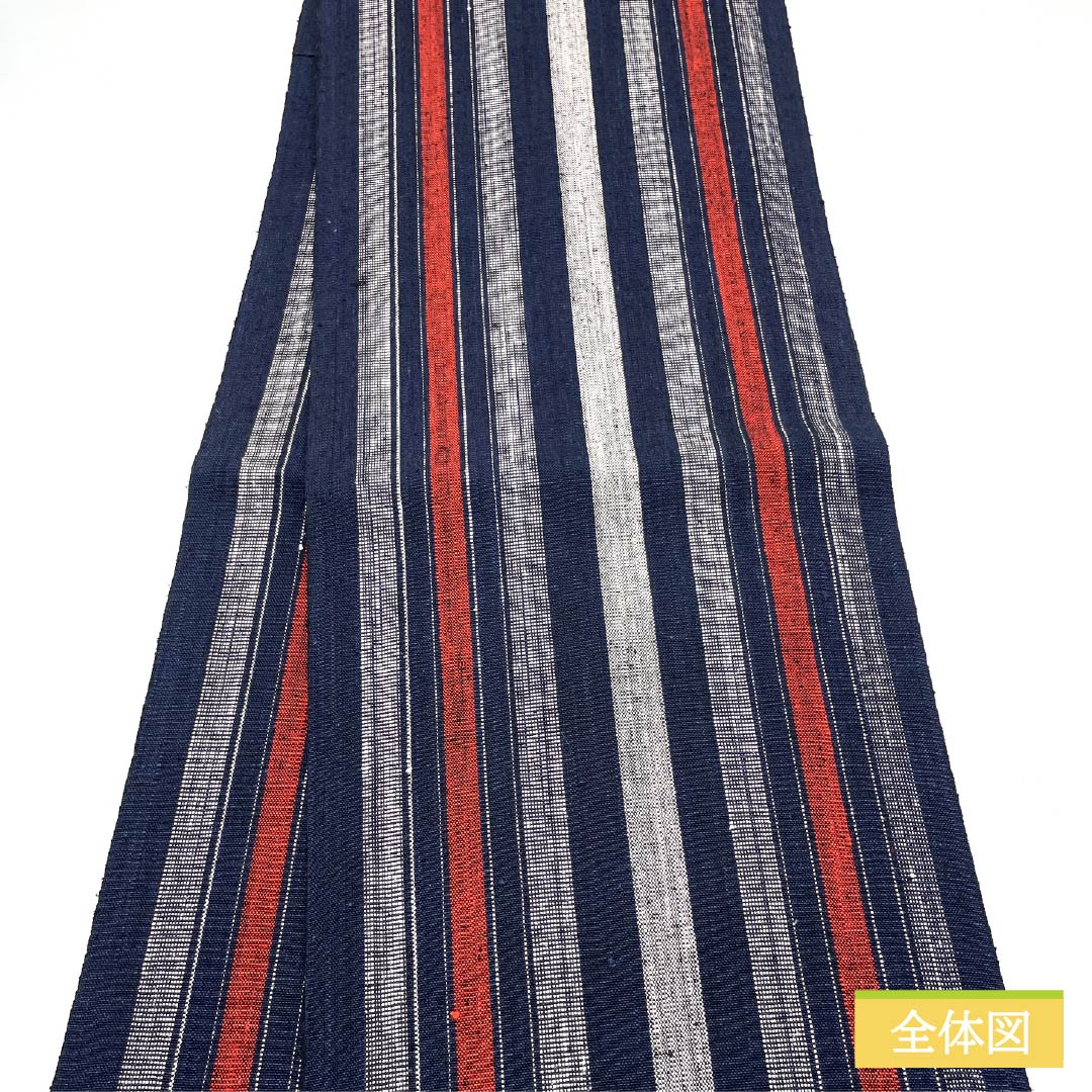 名古屋帯 濃紺色（のうこんいろ） 縞模様 帯丈382cm 木綿 Sランク 全通 カジュアル 紺系 1124006902418 開き仕立て