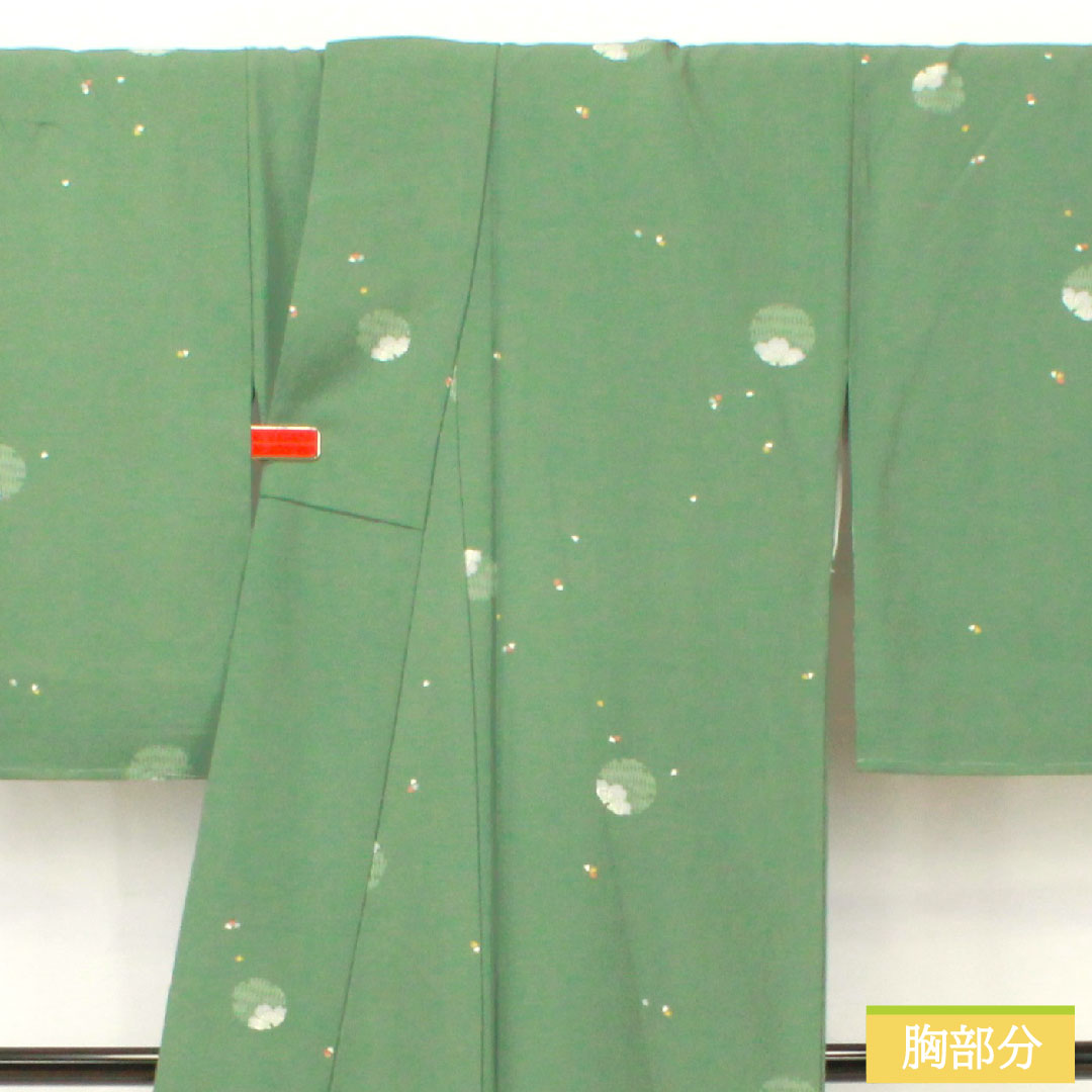 小紋 ポリエステル 身丈166.5cm 裄丈67cm 袷 千種色（ちぐさいろ） 洗える着物 雪輪 花びら散らし しつけ糸付き Sランク 緑系 1115004832519