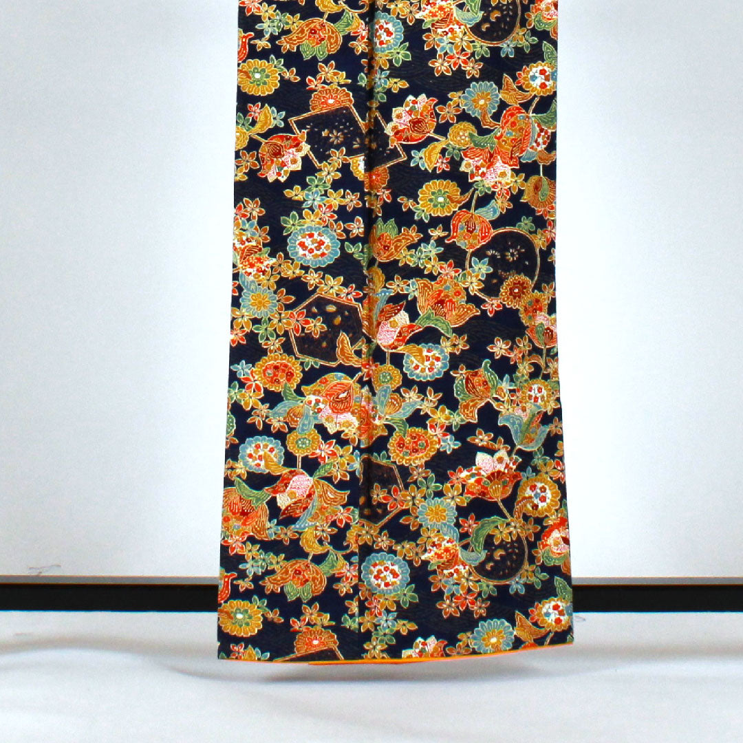 小紋 身丈162.5cm 裄丈63.5cm 袷  草花模様  正絹 Sランク 紺系 1115001422418