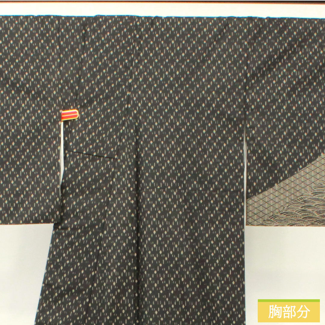 Homongi, pure silk, lined, length 167.5cm, sleeve length 69.5cm, pongee fabric, dyed Oshima, geometric pattern, Kirara Guard, S rank, black, 1112003582510