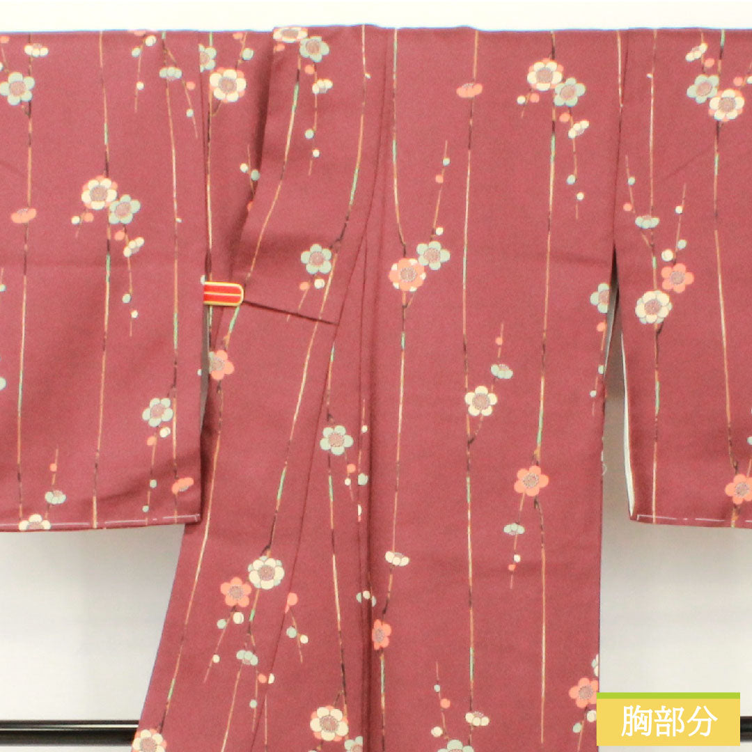 小紋 ポリエステル 身丈162cm 裄丈65.5cm 袷 紫土色（しどいろ） 洗える着物 梅 しつけ糸付き Aランク 紫系 1115004853420