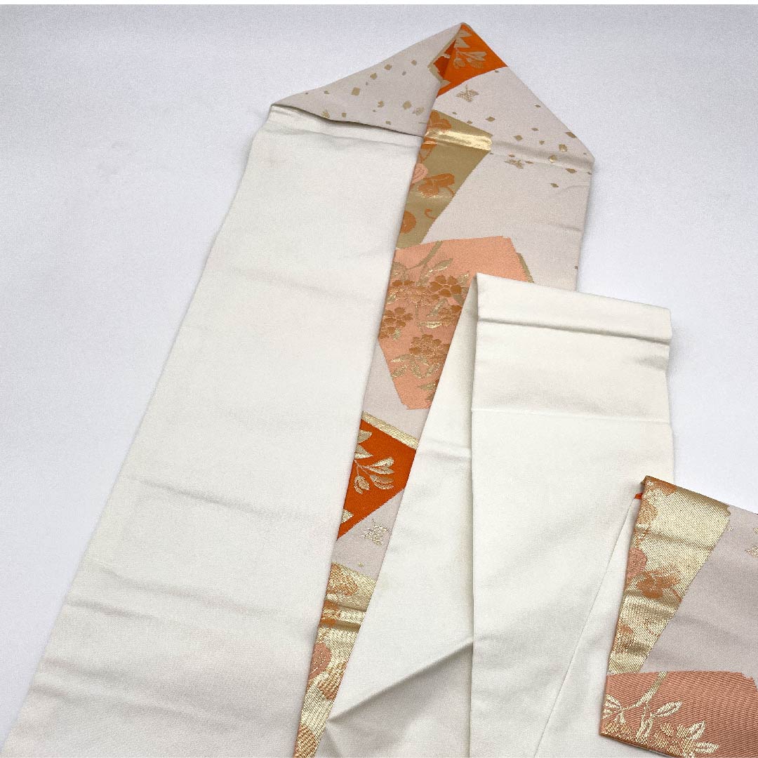 名古屋帯 胡粉色 花模様 帯丈356cm ポリ Sランク 六通 セミフォーマル 白系 1124003372311  名古屋仕立て