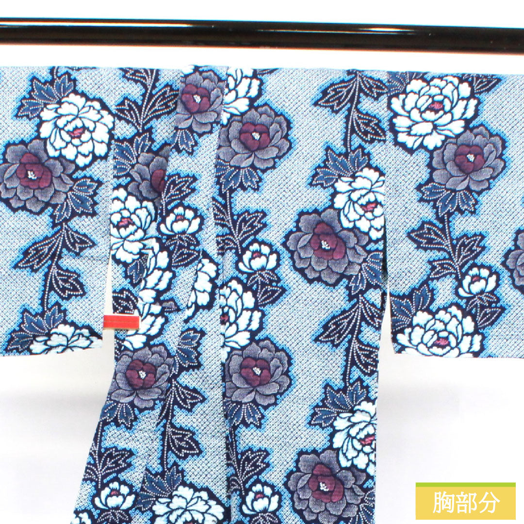 浴衣 木綿 身丈156cm 裄丈65.5cm Sランク 単衣 紺系 濃紺色（のうこんいろ） リップル 牡丹 1118004642318