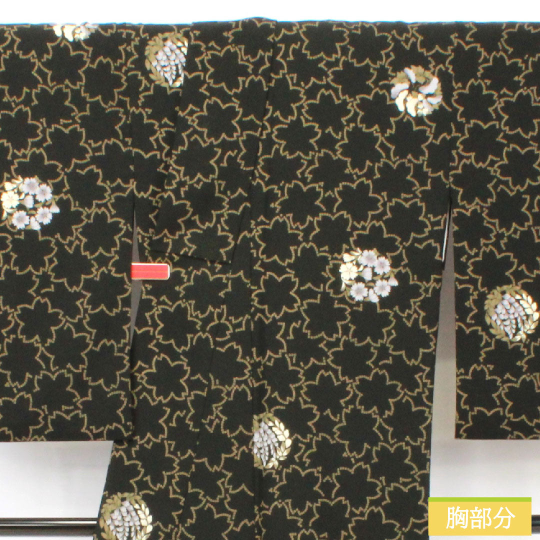 小紋 ポリエステル 身丈166.5cm 裄丈67cm 袷 洗える着物 桜 花模様 Sランク 黒系 1115004952510